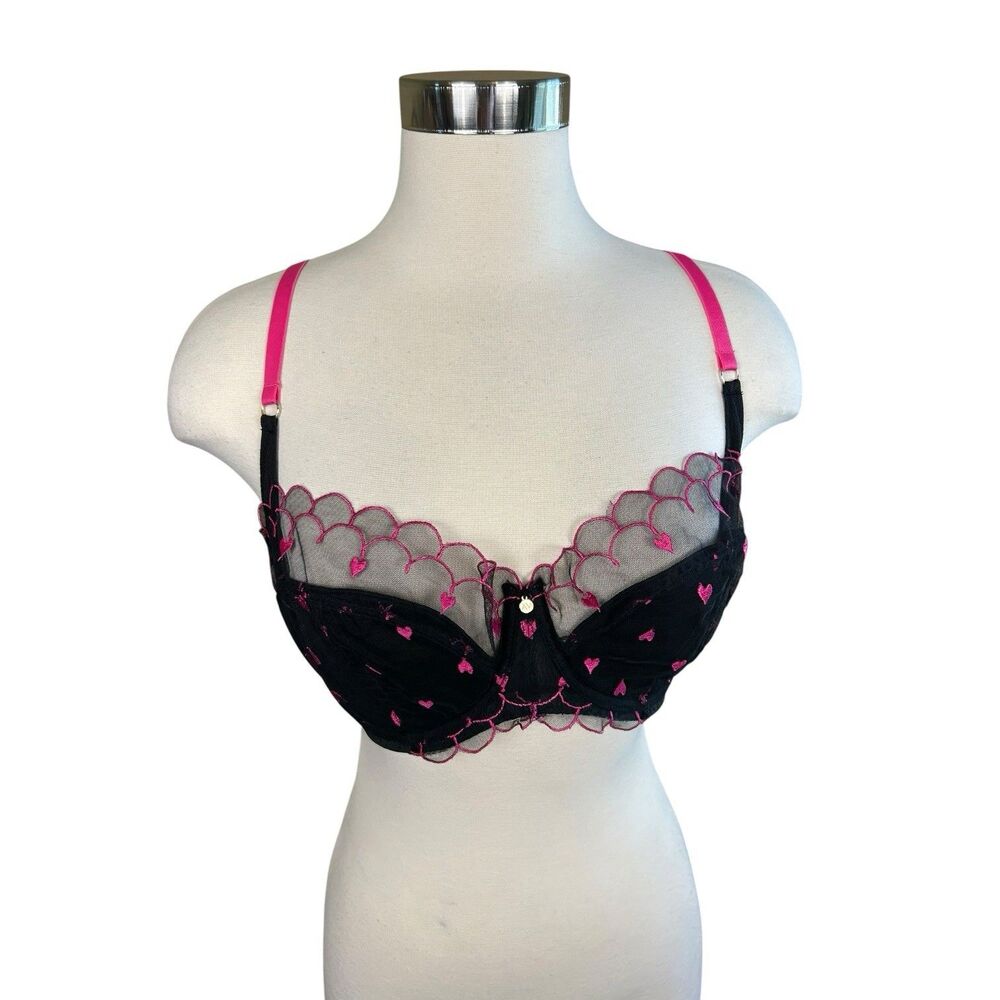Adore Me Betty Contour Balconette Bra Pink Hearts Mesh 34DDD NWT BLK/Pink